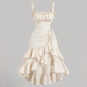 Cream Asymmetrical Vintage Romantic Dress with Ruffled Hem Sz M